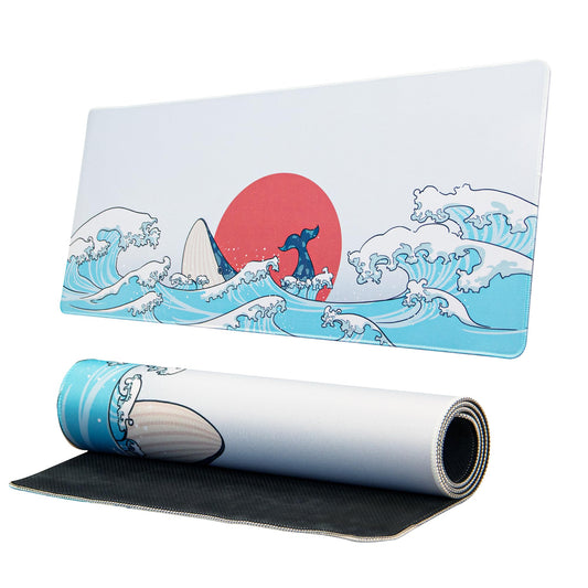 XVX Japanese Sea Wave Large Mouse Pad for Desk, Desk Mat with Seamed Edges, Waterproof Desk Pad, Gaming Mouse Pad Non-Slip Rubber Base, 31.5x11.8 Inch 3mm Thick Keyboard Pad Computer Mat, Coral Sea