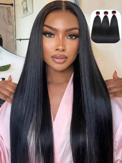 YIROO Yaki Straight Human Hair Weave 3 Bundles 12A Kinky Straight Double Wefts for Women Unprocessed Real Virgin Hair Sew In Human Hair Extensions Cllip In Light Yaki Natural Black Color 10 12 14Inch