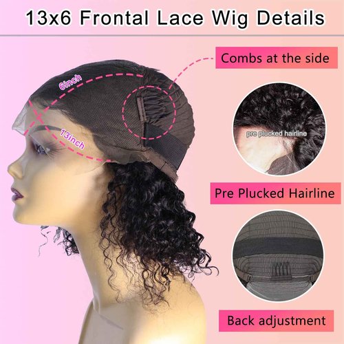 13x6 Bob Wig Human Hair Deep Curly Frontal Lace Wig Human Hair HD Transparent Lace Front Wigs Pre Plucked Lace Frontal Wigs Natural Black 16 Inch
