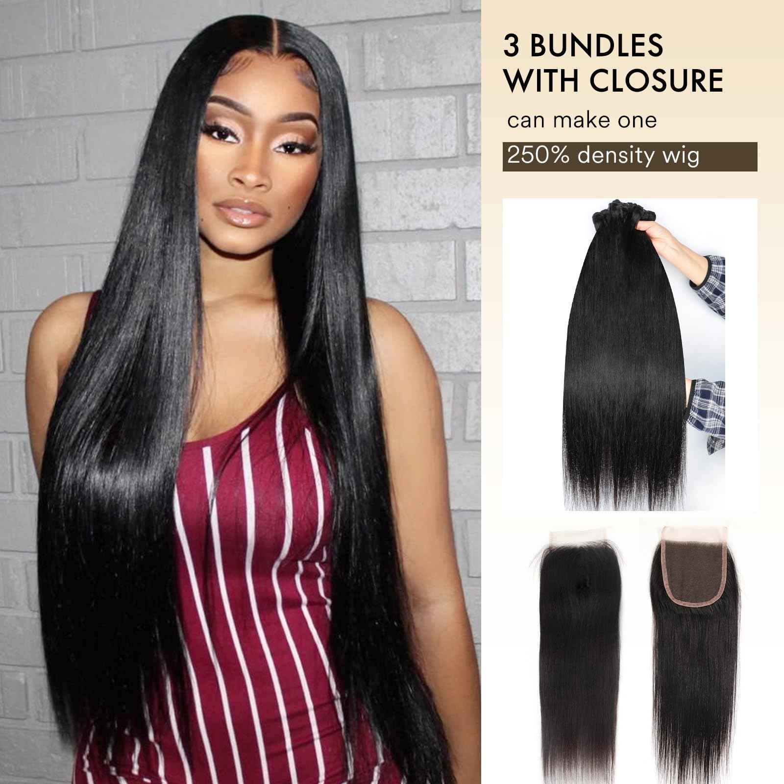 Human Hair Bundles with Closure Straight(16 18 20 +14,Free Part) Closure with 3 Bundles Brazilian Virgin Hair 16A Extensions with Pre Plucked with Baby Hair 4X4 HD Lace Closure Natural Black Color