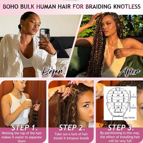 FONFUNY Human Braiding Hair for Boho Braids 120g Deep Wave Boho Bulk Human Hair for Braiding Knotless 12A Curly Wet and Wavy Bohemian Braids No Weft 3 Bundles/Pack Chocolate Brown 24 Inch