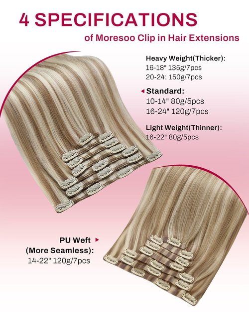 Moresoo Clip in Hair Extensions Real Human Hair Blonde Highlights Brown Clip in Extensions Remy Human Hair Platinum Blonde with Medium Golden Brown Double Weft for Women 120g/7pcs 16 inch