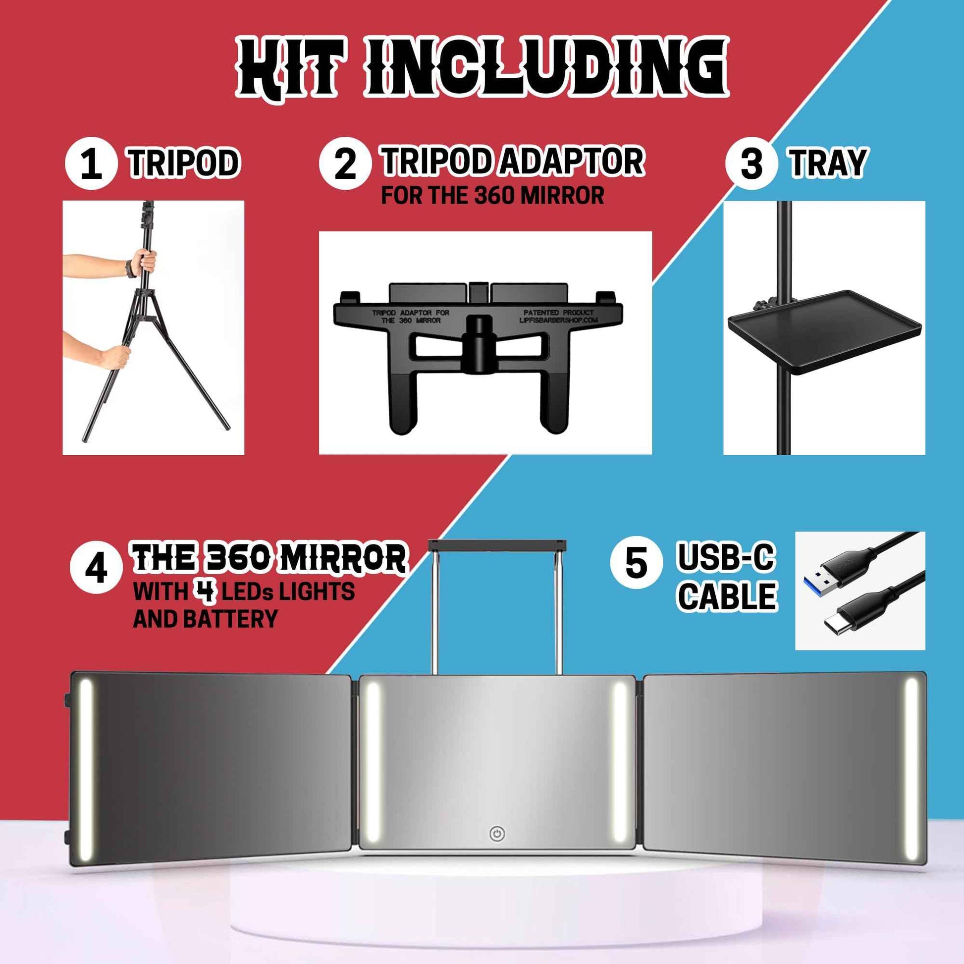 LIPFISBARBERSHOP.COM 360° Mirror with Tripod, 3-Way Mirro for Self Hair Cutting, Includes Crystal-Clear Glass, 4 LEDs, USB-C Fast Charging, Rechargeable Battery (360 Mirror + Tripod + Adapter)