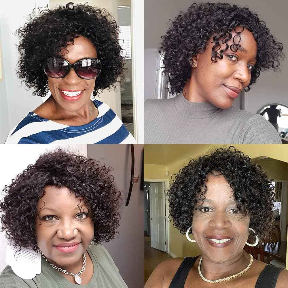 POSHANCE Kinky Curly 10 Inch Human Hair Wigs for Black Women - Wear and Go Glueless Short Wig with Natural Color - 100% Human Hair