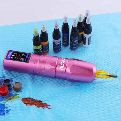 Wireless Tattoo Pen Machine Kit - Adjustable 6-Stroke Tattoo Machine with 1200mAh Power Supply and Digital LCD Display Rotary Tattoo Machine/Tattoo Starter Kit for Beginners (Pink)