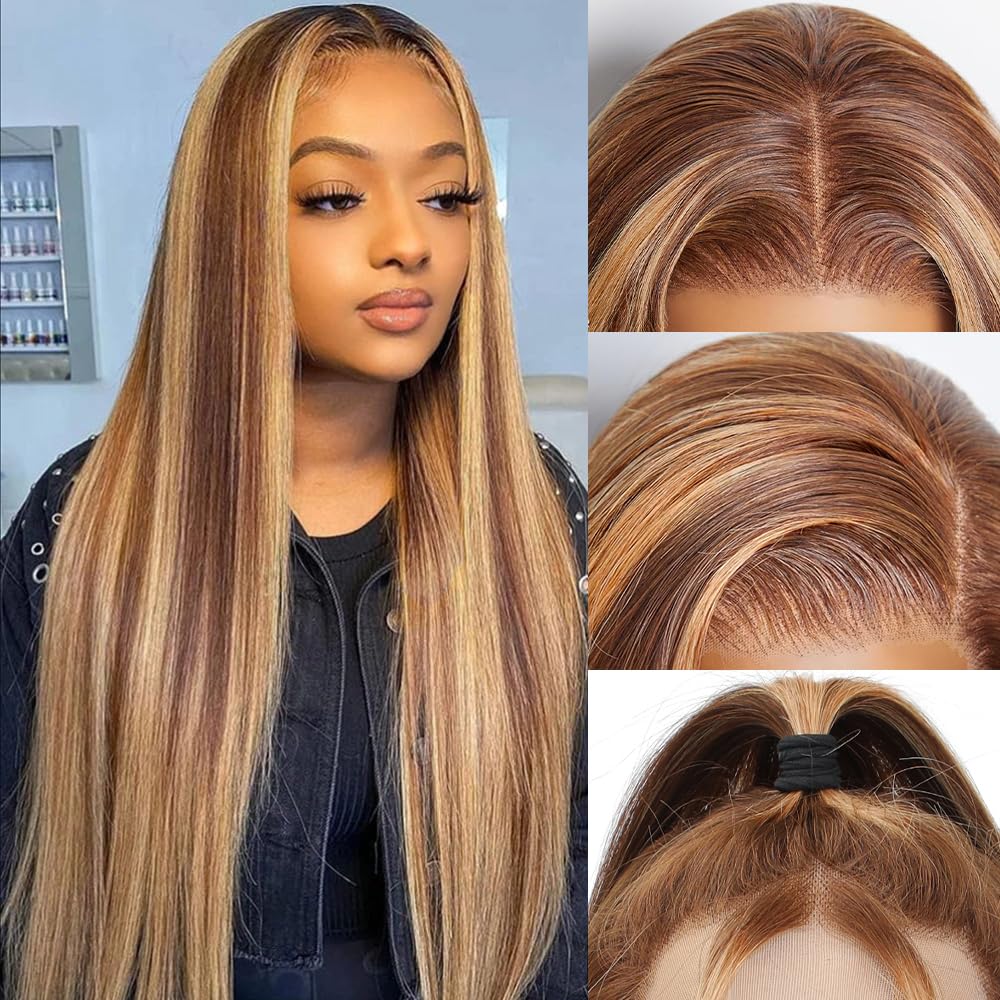 Ombre Lace Front Wig Human Hair Highlight 13x6 Lace Front Wigs Human Hair Straight Wigs Pre Plucked 200% Density Honey Blonde 4/27 Colored Wigs for Women 28 Inch