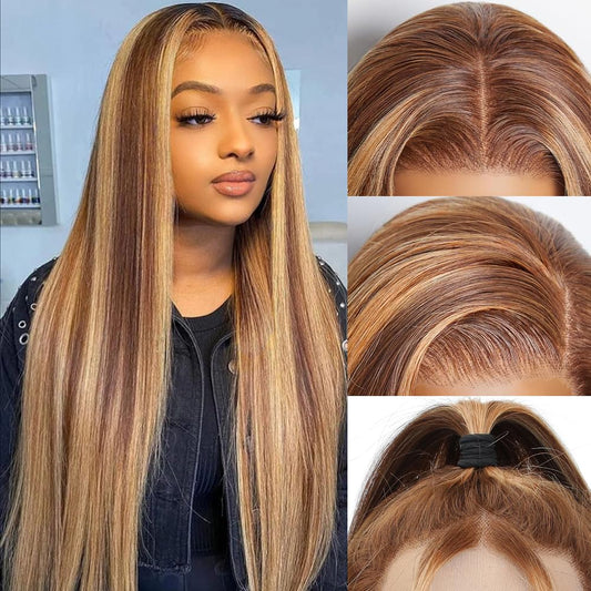 Ombre Lace Front Wig Human Hair Highlight 13x6 Lace Front Wigs Human Hair Straight Wigs Pre Plucked 200% Density Honey Blonde 4/27 Colored Wigs for Women 28 Inch