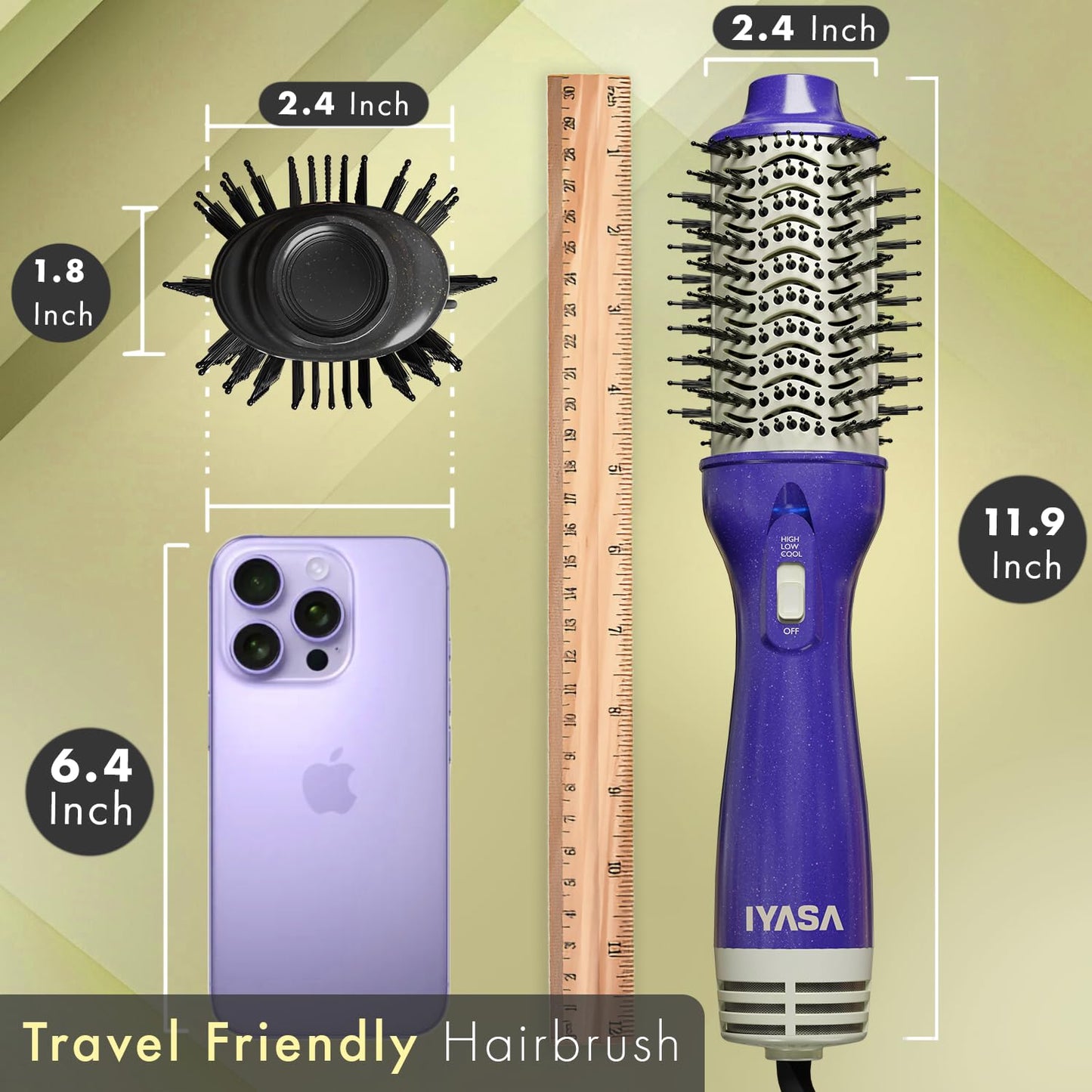 3” Large Barrel Ionic Hot Air Brush Hair Dryer – 75 mm One‑Step Volumizer Blowout Brush for Thick & Long Hair, 1100 W Plastic‑Tourmaline, Frizz Control, 3 Heat / 2 Speed, 13” Length