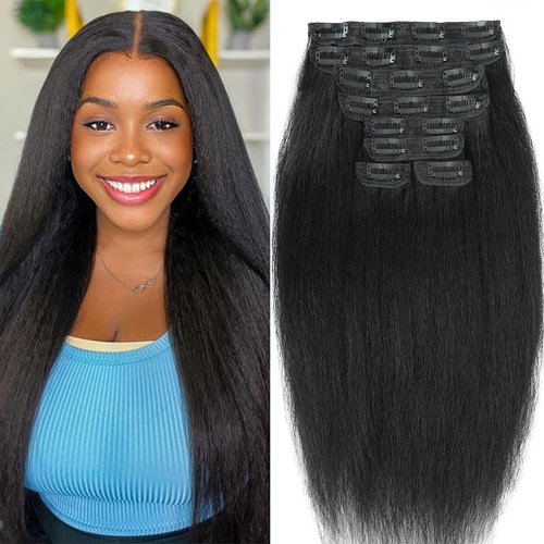 Kinky Straight Clip ins 8Pcs 110g 24 Inch Kinky Straight Clip in Hair Extensions Real Human Hair Brazilian Remy Human Hair Extensions for Women Per Set with 20 Clips Double Weft Natural Black