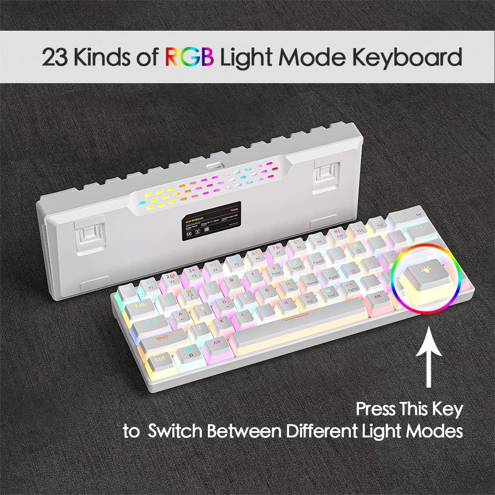 abucow Mechanical Keyboard Wired 60% Gaming Keyboard with 18 Style Colorful RGB Backlit Custom 63 Swappable keycaps (White&RGB)