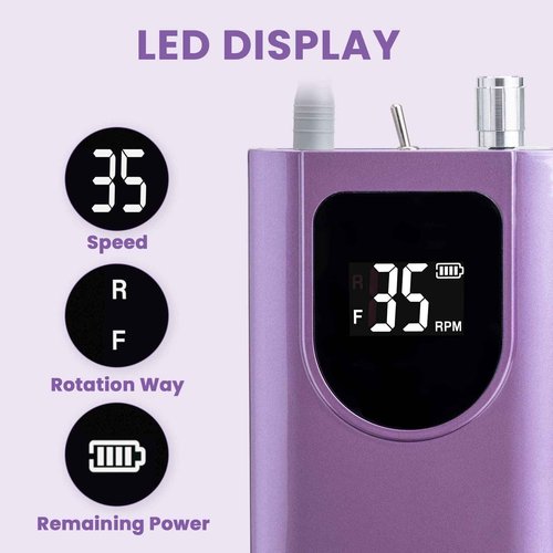 Delanie Professional Nail Drill High Torque 35000 RPM Rechargeable Portable Electric Nail File Filer for Acrylic Gel with Cuticle Bits, Salon Manicure Tool, Purple