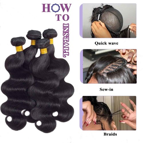 Body Wave Bundles Human Hair With 2X6 Closure (16 18 20+14 Inch) Natural Black 12A Brazilian Human Hair Bundles With Hd Lace Closure