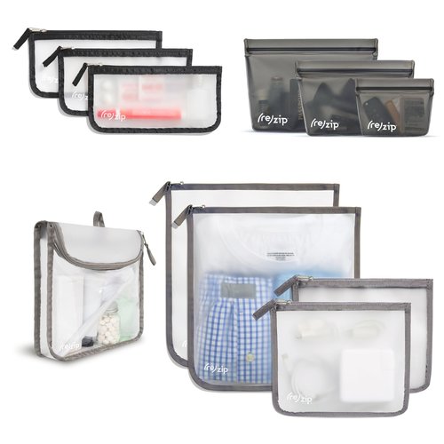 (re) zip 11-Piece Travel Organization Kit | TSA-Compliant Travel Quart, Small, Medium, & Gallon Zippered Bags, and 3 Leakproof Stand Up Bags |For Documents, Toiletries, Snacks & More