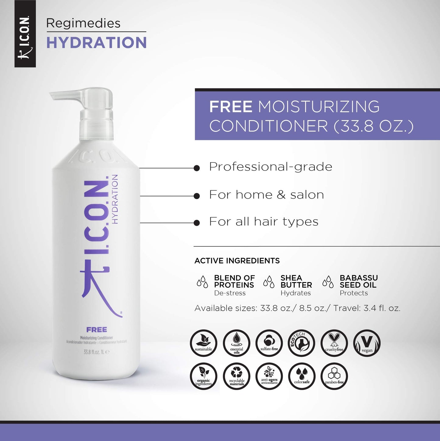 K I.C.O.N. I.C.O.N. Free Moisturizing Conditioner, Salon-Quality Hair Care, 33.8-Ounce Bottle