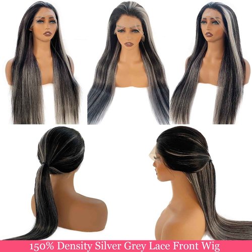 Smartinnov Grey Highlight Lace Front Wigs Human Hair Ombre Black with Grey 13x4 Glueless Wigs Virgin Hair Pre Plucked 1B Sivler 18 Inch 150% Density Transparent HD Lace Wig with Baby Hair for Women