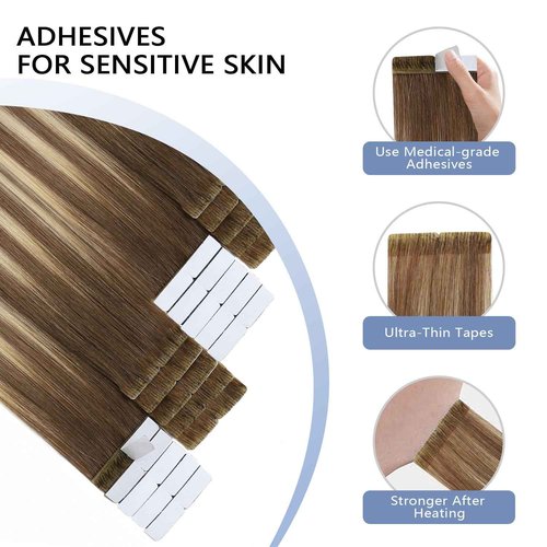 COOKAYU Invisi Edge Tape in Extensions Human Hair Walnut Brown to Ash Brown and Blonde Seamless Injected Tape Ins Straight invisible Hair Extensions 20Inch 45g 20pcs/pack