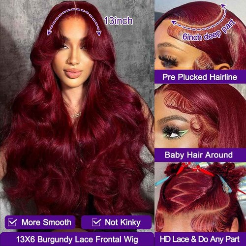 Diwionte 99J Burgundy Lace Front Wigs Human Hair Body Wave 13x6 HD Transparent Lace Front Wigs Human Hair Pre Plucked with Baby 99j Red Wine Glueless Human Hair Wigs for Women 26 Inch