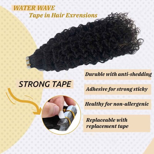 Loose Curly Tape in Human Hair Extensions 18Inch #1B Natural Black Water Wave Tape ins 100% Real Human Hair Extensions for Black Women Double Sided Skin Weft 40PCS 100G
