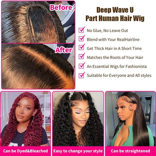 Deep Wave U Part Human Hair Wig Curly U Part Wigs Glueless Human Hair wigs for Black Women None Lace Front Wigs Full Head Clip In Half Wig UPart Hair Extension Natural Color 180% Density 16 Inch