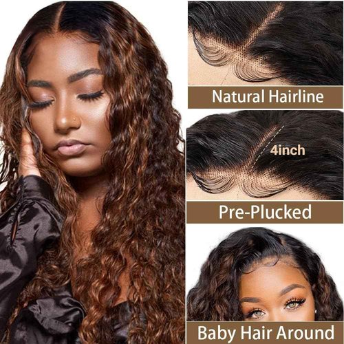 Super idol Ombre Highlight Deep Wave Lace Front Wigs Human Hair 1B/30 Honey Blonde Lace Closure Wigs for Black Women Pre plucked with Baby Hair Free Part(16 Inch, 1B/30 Highlight Wig)
