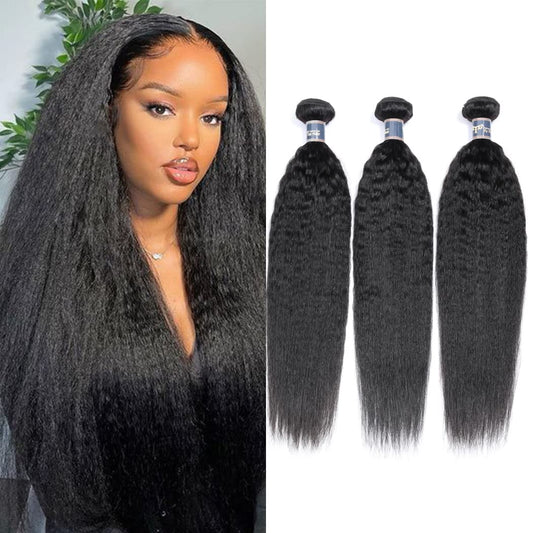 Kinky Straight Hair 3 Bundles 14 16 18 Inch 100% Unprocessed Brazilian Yaki Straight Bundles Human Hair Weave Extensions 1B Color Kinky Straight Human Hair for Women