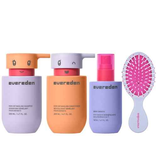 Evereden Kids Complete Haircare Set: Hair Detangling Shampoo, Conditioner, Spray for Children Ages 3+ & Pain-Free Hair Brush, Plant Protein Peptides & Argan Oil, Vegan, Free from Sulfate, Paraben