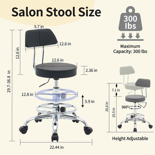 FIRAVOE Rolling Stool with Back,Adjustable Height Foot Rest Rolling Salon Chair 19.5"-26.6",Black Ergonomic Stool (Black)