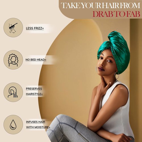 PROMEED Hydrating Silk Hair Wrap with Hyaluronic Acid, 100% 23 Momme Mulberry Silk Turban for Dry Hair and Frizzy Hair, Grade 6a+ Silk Bonnet for Hair Moisturizing Treatment (EMERALD GREEN)