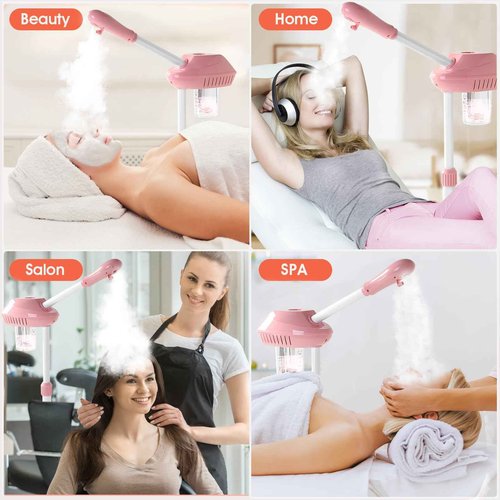 Professional Facial Steamer, Face Steam on Wheels, Estheticians Steamer with More Steam for Moisturizing and Hydration, Adjustable Height and Angle for Spa Beauty, Home Use, Pink