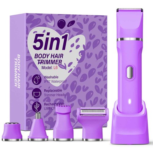 HOHOLE 5-in-1 Bikini Trimmer for Women, IPX7 Waterproof Electric Razors Shaver, Cordless Body Hair Trimmer, Facial & Pubic Hair Removal, Ceramic Blade (Eggplant)