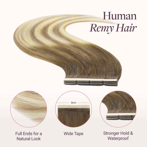GOO GOO Tape in Hair Extensions Human Hair, 3/8/613 Walnut Brown to Ash Brown and Bleach Blonde, 8cm Wide Tape, 20inch 10pcs 50g, Tape Weft Hair Extensions, Real Human Hair, Seamless Tape in