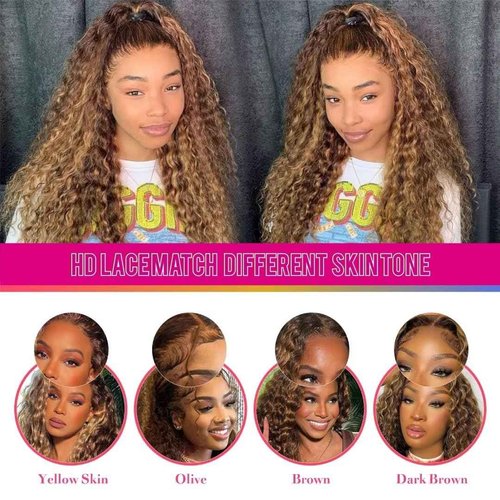 Yeeaak 13x6 Highlight Deep Wave Lace Front Wigs Human Hair Ombre 4/27 Curly HD Lace Frontal Wig for Women 180% Density Pre Plucked Glueless Honey Blonde Wig 18 Inch