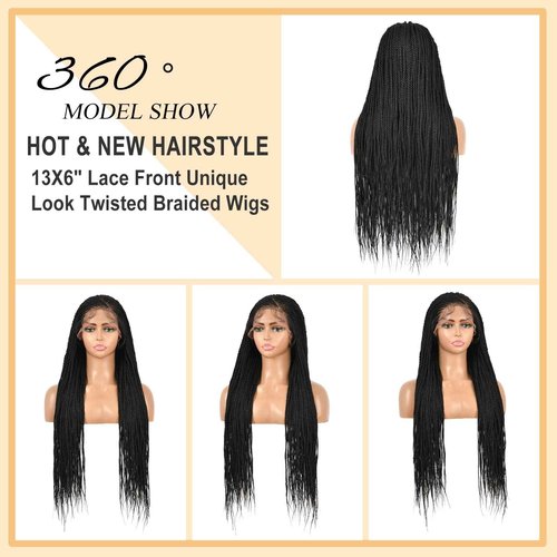 Brinbea 13X8'' HD Lace Cornrow Braided Wigs for Black Women Cornrow Twisted Braid Wig with Baby Hair Unique Look Premium Synthetic Braided Lace Front Wigs Black Braided Wigs 36 Inches