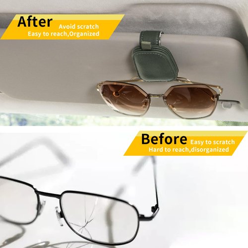 Yuoyar Sunglass Holder for Car, Magnetic Leather Sunglasses Holder and Ticket Card Clip, Car Visor Accessories, 2 Packs (Green)