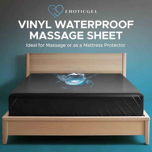 Black Vinyl Queen Waterproof Fitted Massage Bed Sheet with Side Pocket | Mattress Protector, Bed Cover for Nuru Massage - Oil, Water-Based, Silicone Safe | 60'' x 80'' + 15.7'' Deep Pocket