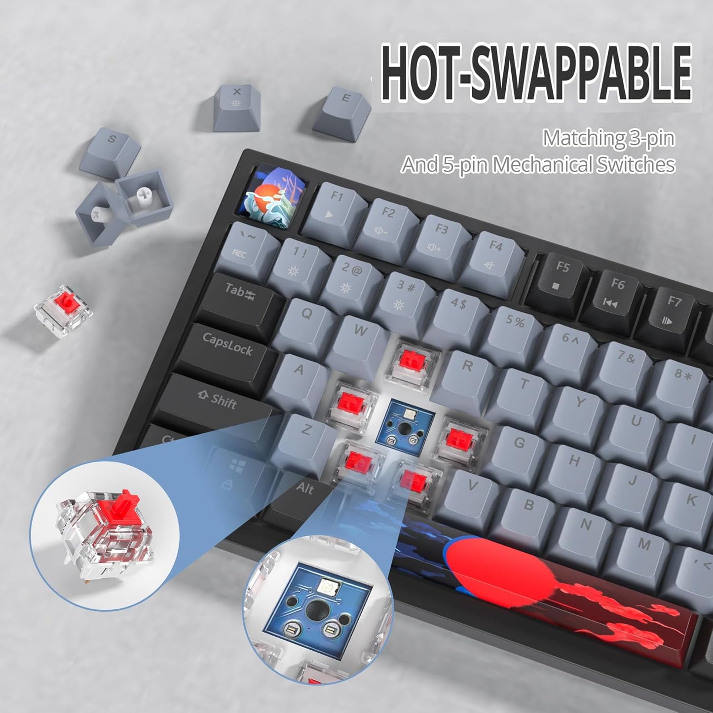 75% TKL Wired Mechanical Keyboard,RGB Backlit Gasket Mount 82 Key Hot Swappable Custom Linear Red Switch Gaming Keyboard with Volume Knob & PBT Keycaps (82 Monster B)