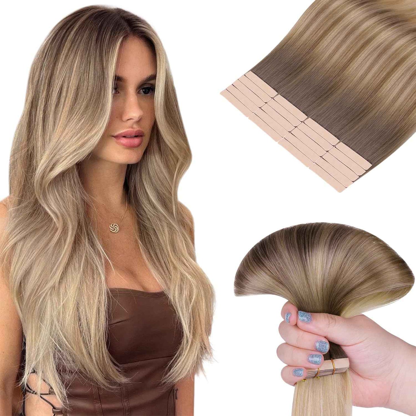 HOTBANANA Tape in Hair Extensions, 20 Inch 20pcs 50g Balayage Caramel Blonde Tape in Real Remy Human Hair Extensions Straight