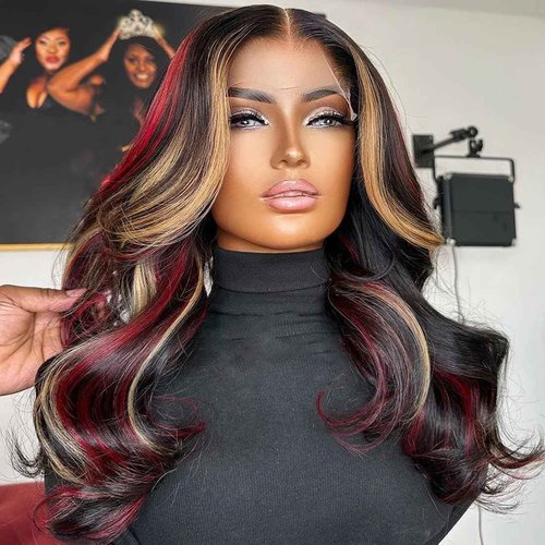 abgese Black Red Blonde Highlights Wig Human Hair 13x4 Body Wave Lace Front Wigs Human Hair 180% Density Ombre Blonde Red Highlight Glueless Colored Body Wave Wig Pre Plucked for Women 18 Inch