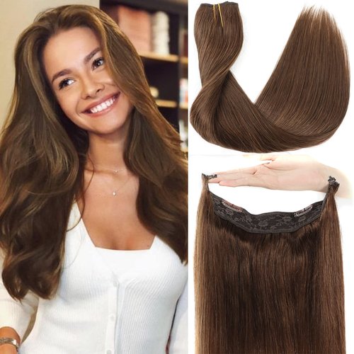 Ugrace Hair Wire Hair Extensions Real Human Hair Chocolate Brown 20 inch 100g Hairpiece with Transparent Invisible Fish Line Straight Clip in Human Hair Extensions for Women