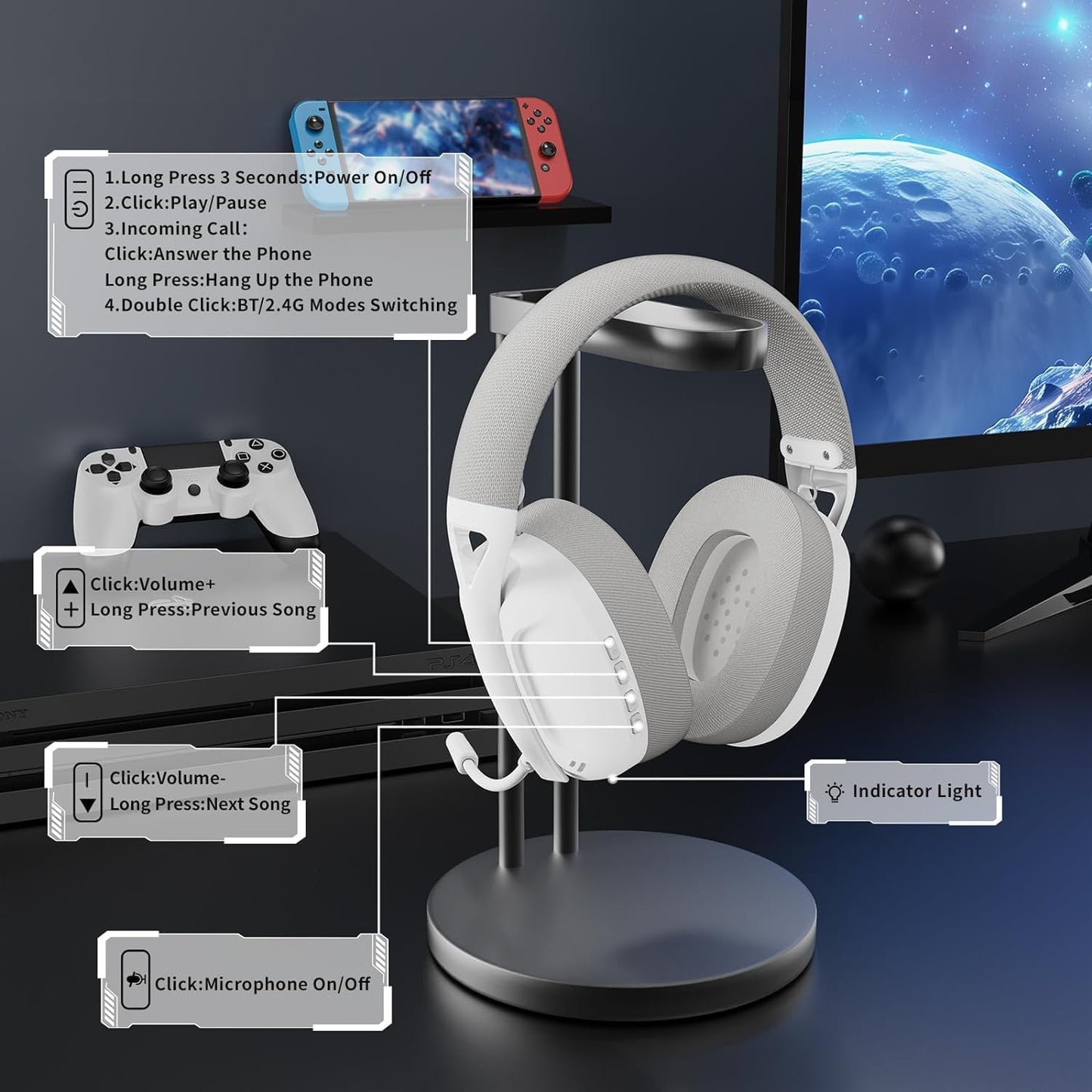 ZIYOU LANG L80 Wireless Gaming Headset Ultralight Over Ear with 2.4Ghz USB C&A Dongle/Bluetooth 5.3/3.5mm Wired Detachable Mic Stereo Sound 600mAh Battery for PC Mac PS4 PS5 Switch Win Gamer(White)