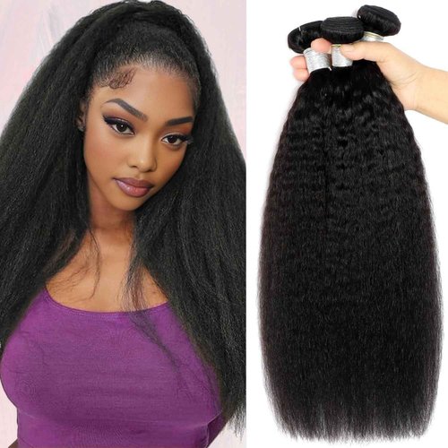 Kinky Straight Bundles Human Hair 18 20 22 Inch Yaki Straight 3 Bundles Human Hair Sew in Kinkystraight Remy Hairs Extension 12A 100% Unprocessed Brazilian Virgin Hair Weave Natural Color