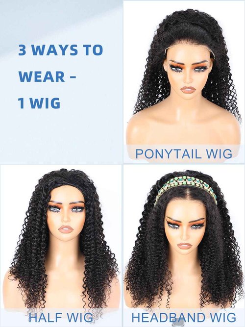 Ashart Kinky Curly Half Wig Human Hair 3-in-1 Flip Over, Headband & Drawstring Half Wigs for Black Women, 18 Inch, Seamless Glueless Wear & Go, Beginner Friendly, 180% Density Natural Curly Volume