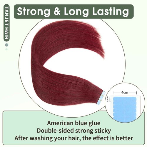 TANJET Tape in Human Hair Extensions 100% Real Human Hair Straight 99J 20 Inch Seamless Skin Weft Thick Soft Silky Hair Extensions Tape in Burgundy (#99J 20 Inch 20pcs 50g/Pack)