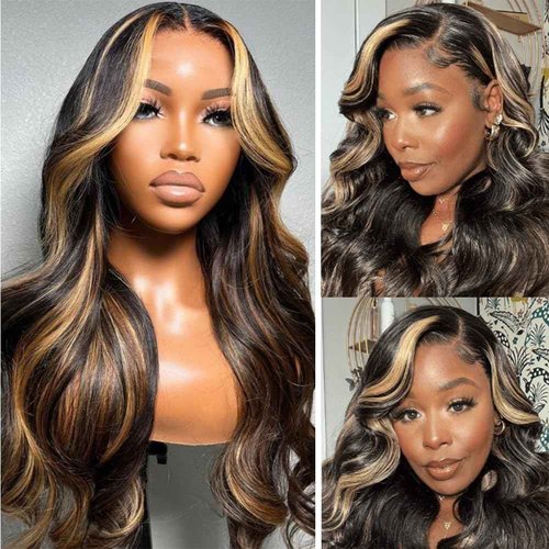BestFun 220% Density 1B/27 Balayage Highlight Lace Front Wig Human Hair Pre Plucked 13x4 HD Lace Ombre Body Wave Wig Glusless Wigs Human Hair for Women 18 Inch