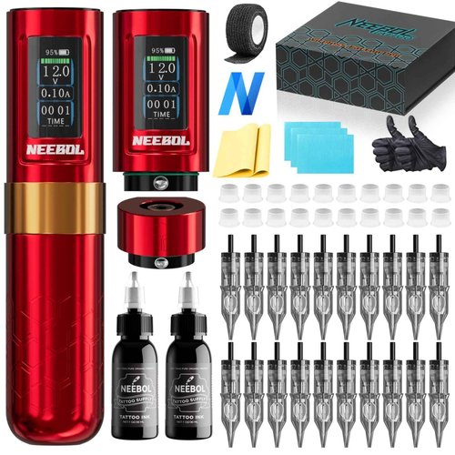 Neebol Cordless/Wired Tattoo Gun Kit with Extra Battery Complete Powerful Tattoo Pen Machine Set, 20 Tattoo Cartridge Needles, Black Tattoo Ink, Tattoo Supplies Equipment For Beginners and Pros