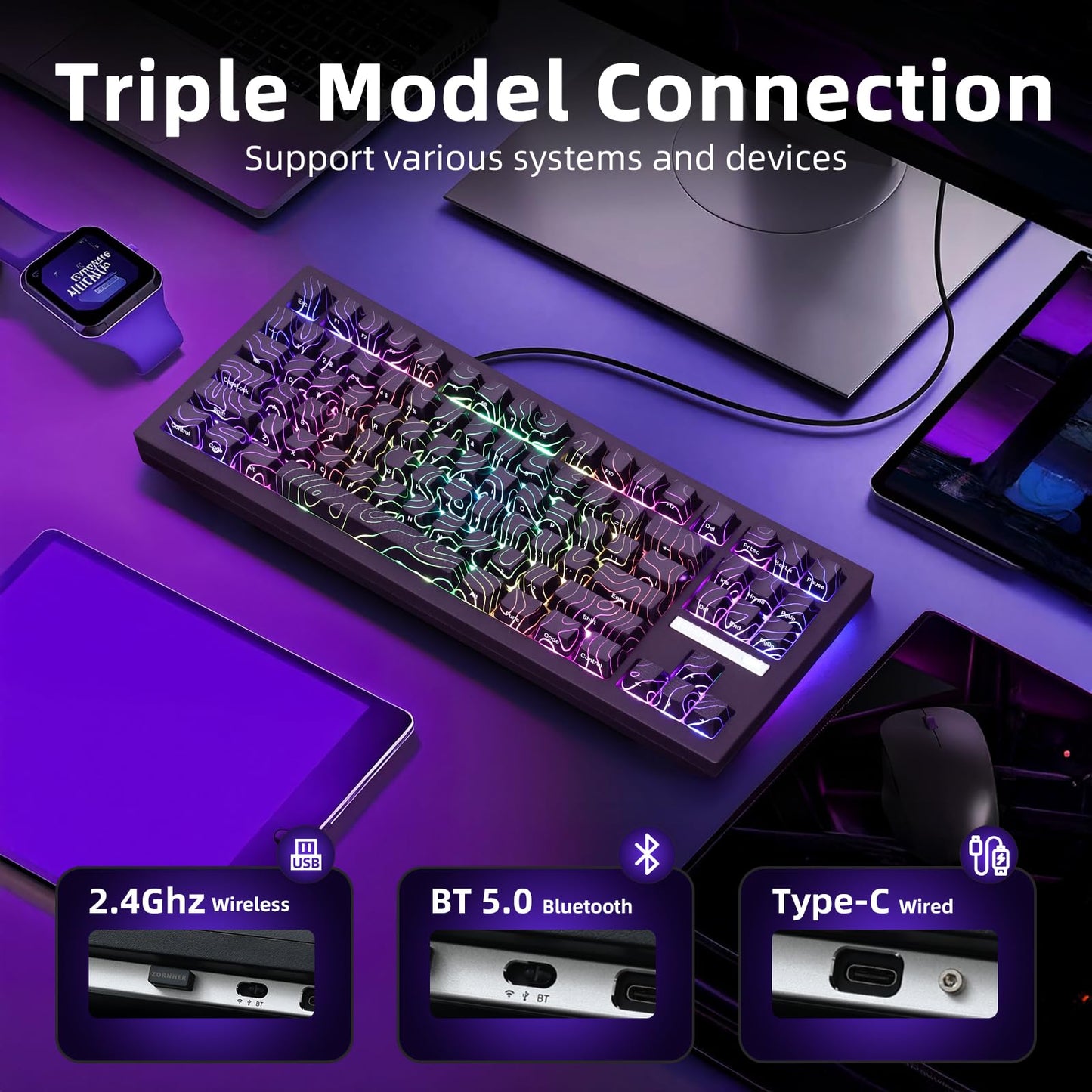 ZORNHER ZH870 Wireless Mechanical Gaming Keyboard,80% Black Custom Creamy Sound Keyboard with Lighted Up IMD PBT Keycaps,Pre-lubed Linear Switches,Hot-Swappable,RGB Backlit,2.4GHz/USB-C/BT5.0