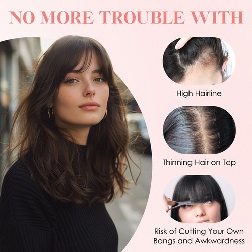 Hairro Human Hair Topper with Wispy Bangs, Clips on 360° 3D Cover Real Hairpieces Lightweight, 2.25"x6" Base for Women with High Hairline/Thinning Hair, 8 Inch Natural Black Bangs