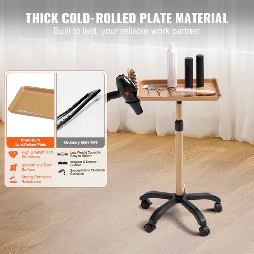 VEVOR Salon Tray Cart, 30"-43" Height Adjustable Rolling Salon Tray, Cold-Rolled Plate Tattoo Tray with 5 Wheels (2 Lockable) for SPA Barber Clinic, Gold & Black