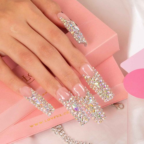 LOVFUL Press on Nails Angel's Tear Rhinestone | Handmade with Full Covered Crystals | Reusable Fake Nails | Square Mid length 1.7in | H48-M