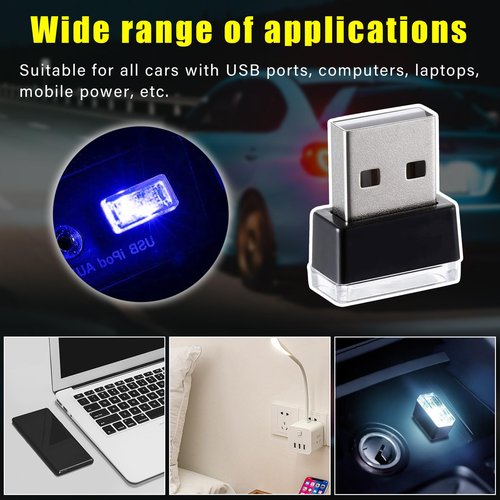 Augeny 4 PCS USB LED Car Interior Atmosphere Lamp, Plug-in USB Decor Night Light, Portable Auto Ambient Lighting Kit, Universal Vehicle Interior Accessories for Most Cars (White & Blue)